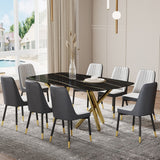 Hearth and Haven Large Modern Minimalist Rectangular Dining Table with 0.39 "Imitation Marble Black Tabletop and Golden Metal Legs, Paired with Chairs with Leatherette Cushions and Black Metal Legs. F-1538 C-007 W1151S00882 W1151S00882