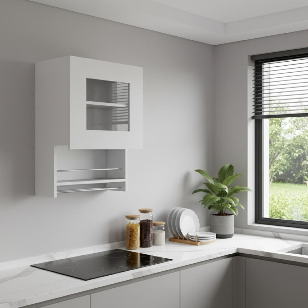 HomeRoots 20" White Accent Cabinet - Modern Glass-Front Storage with Two Shelves for Stylish Home Organization 518041