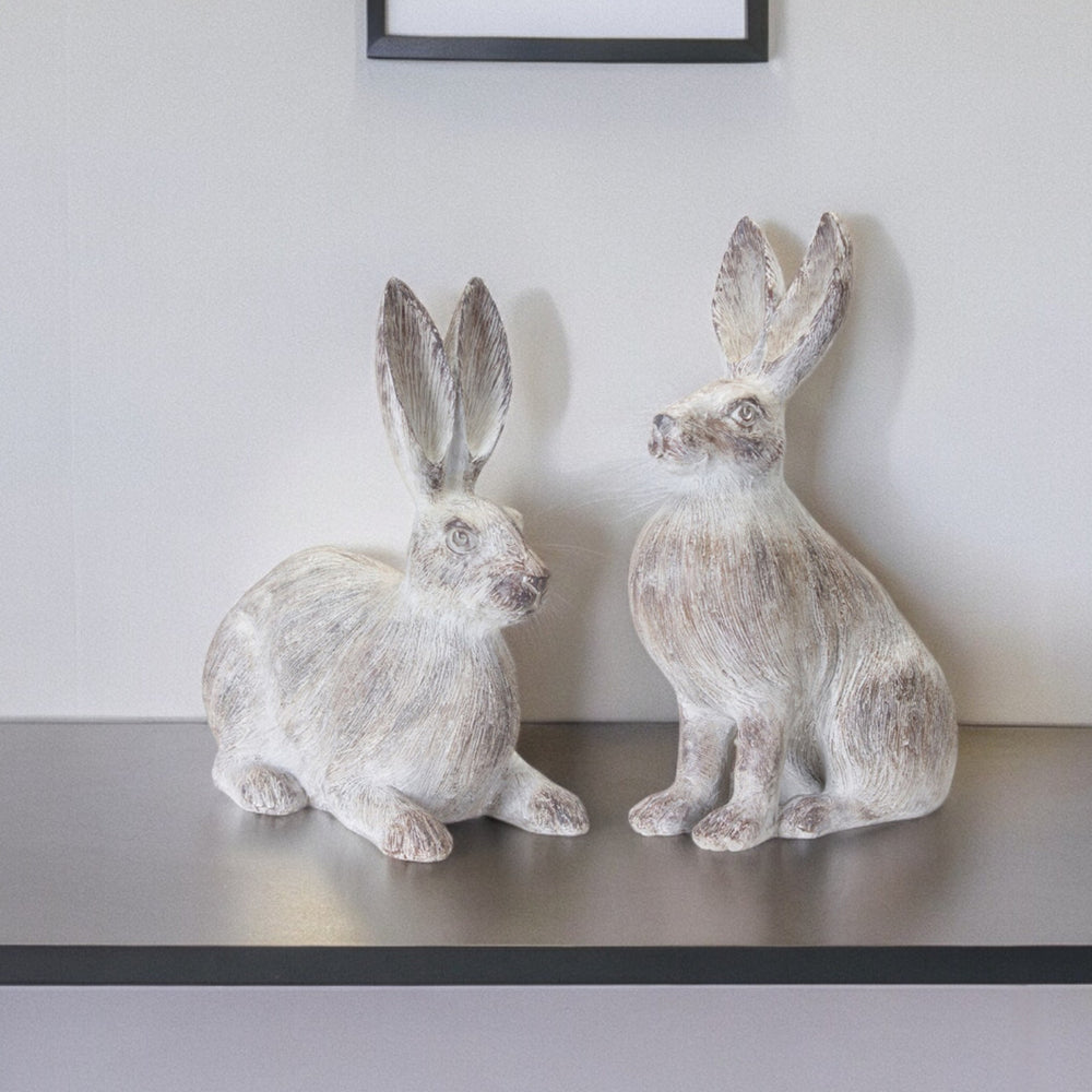 Homeroots Set Of Two 17" White Washed Polyresin Rabbit Tabletop Sculptures  Polyresin 518056