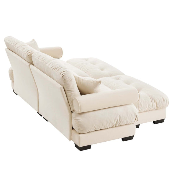 English Elm Over Size Modern Two-Seater Sofa With Ottoman - Plush Velvet, Stylish Bolster Armrests & Pillows W714S01070-GIGA