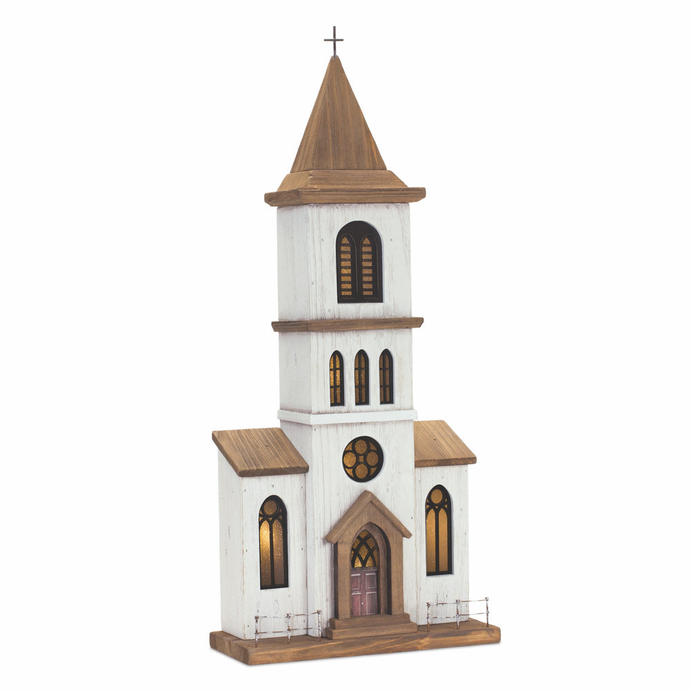 Homeroots 25" Brown And White Wood And Metal Church Tabletop Sculpture  Wood,Metal 518085
