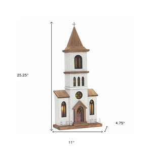 Homeroots 25" Brown And White Wood And Metal Church Tabletop Sculpture  Wood,Metal 518085