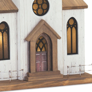 Homeroots 25" Brown And White Wood And Metal Church Tabletop Sculpture  Wood,Metal 518085