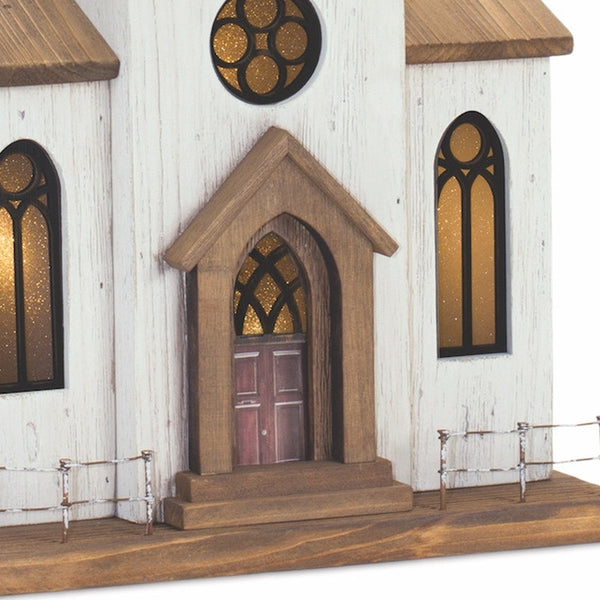 Homeroots 25" Brown And White Wood And Metal Church Tabletop Sculpture  Wood,Metal 518085