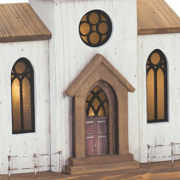 Homeroots 25" Brown And White Wood And Metal Church Tabletop Sculpture  Wood,Metal 518085