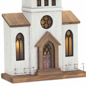 Homeroots 25" Brown And White Wood And Metal Church Tabletop Sculpture  Wood,Metal 518085