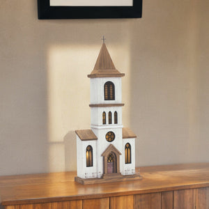 Homeroots 25" Brown And White Wood And Metal Church Tabletop Sculpture  Wood,Metal 518085