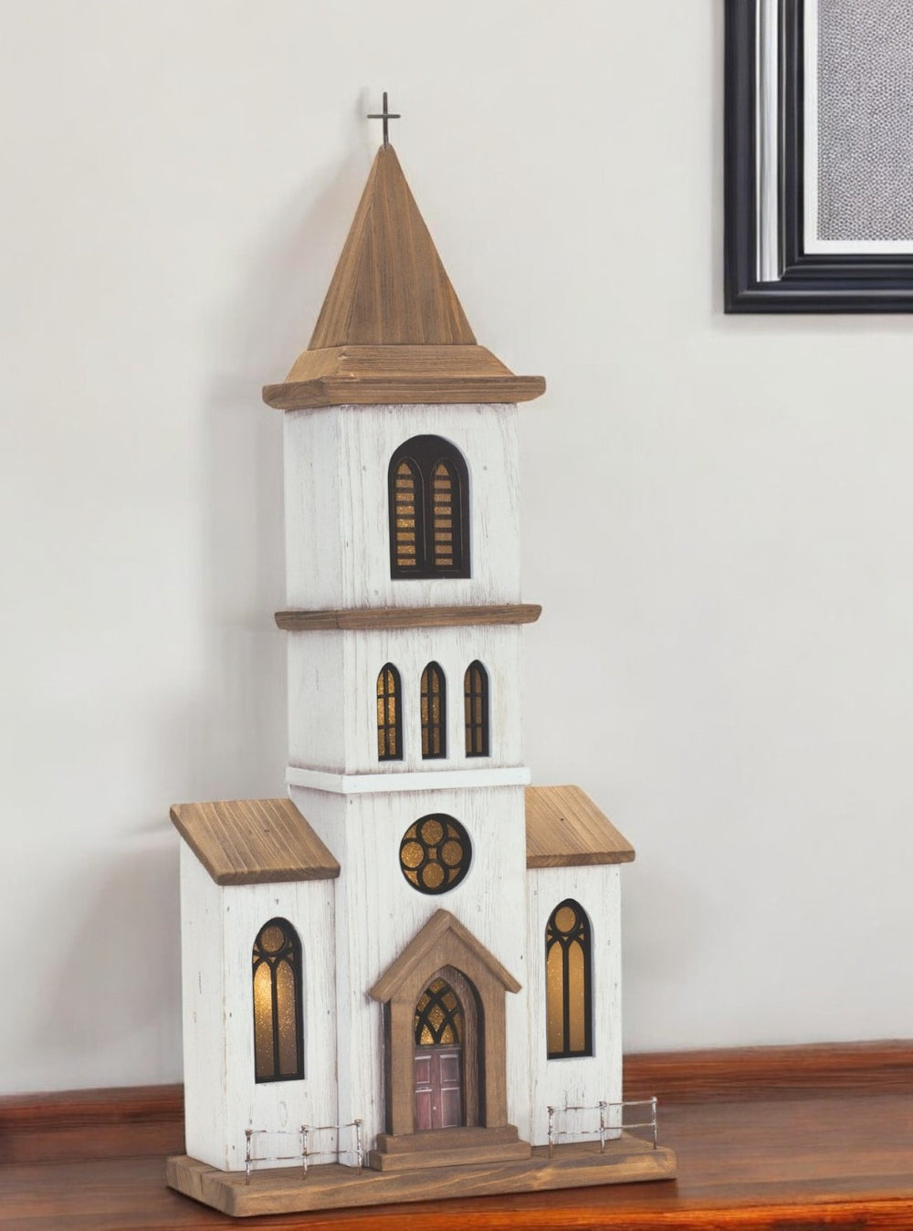 HomeRoots 25" Rustic Church Tabletop Sculpture - Handcrafted Wood & Metal Decor for Vintage Home Styling 518085