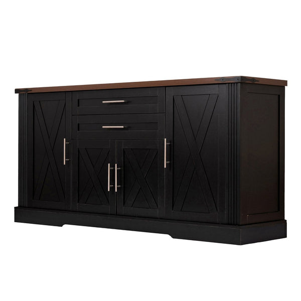 English Elm 63" Fluted Mdf Sideboard with Wood Tone Top Four Doors Three Drawers Dining Storage Black W2917S00012