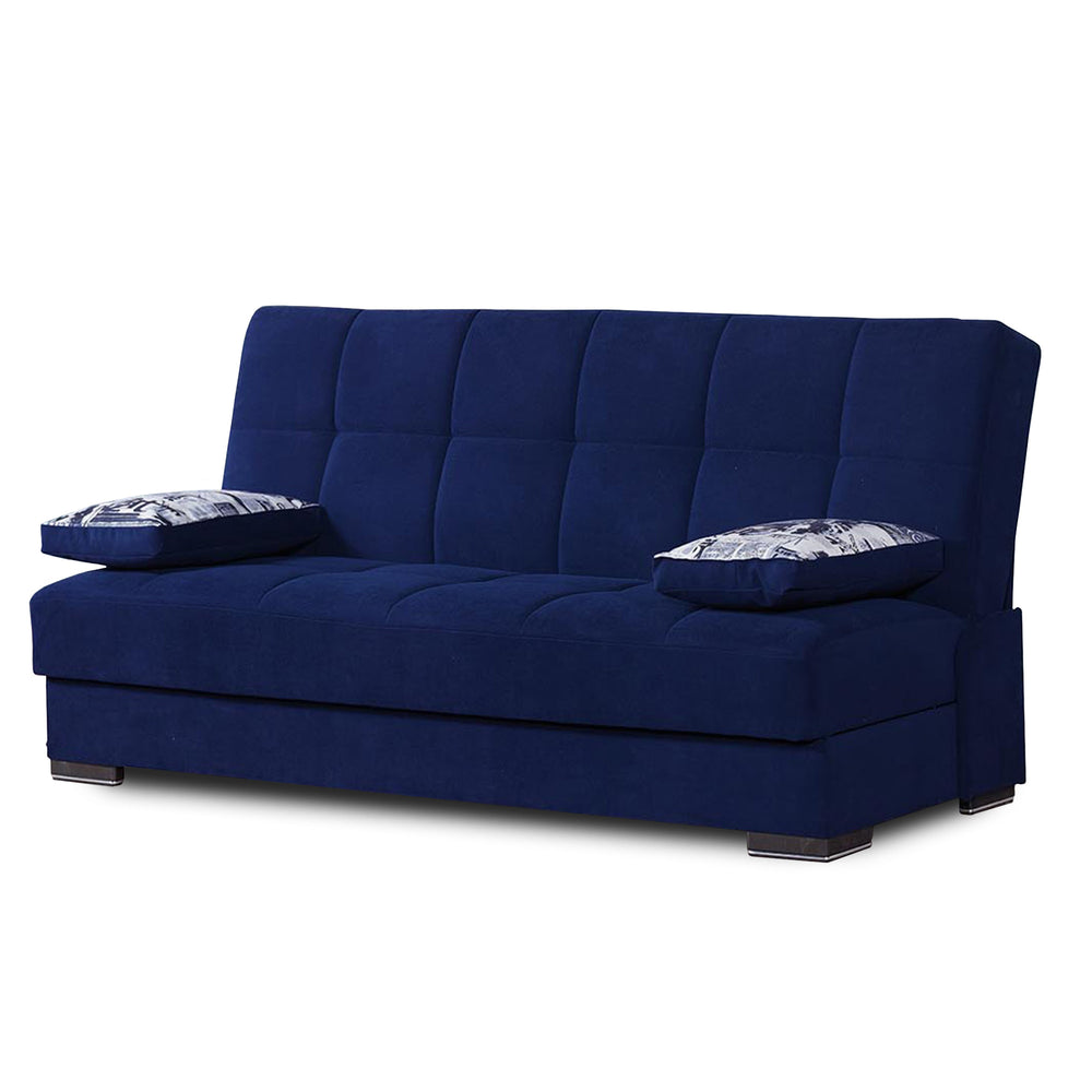 Homeroots 75" Navy Blue Chenille Sleeper Sofa And Toss Pillows With Brown Legs   518148