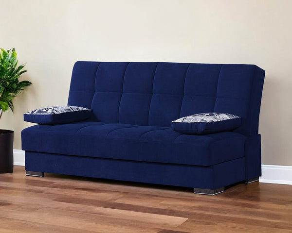 Homeroots 75" Navy Blue Chenille Sleeper Sofa And Toss Pillows With Brown Legs   518148