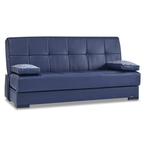 Homeroots 75" Blue Faux Leather Convertible Futon Sleeper Sofa And Toss Pillows With Brown Legs   518149