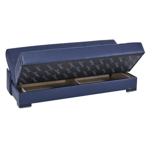 Homeroots 75" Blue Faux Leather Convertible Futon Sleeper Sofa And Toss Pillows With Brown Legs   518149