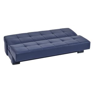 Homeroots 75" Blue Faux Leather Convertible Futon Sleeper Sofa And Toss Pillows With Brown Legs   518149