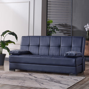 Homeroots 75" Blue Faux Leather Convertible Futon Sleeper Sofa And Toss Pillows With Brown Legs   518149