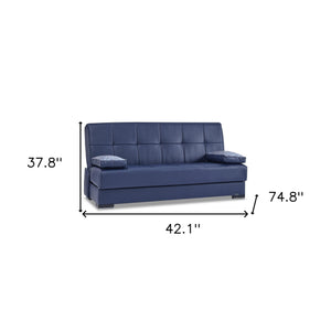 Homeroots 75" Blue Faux Leather Convertible Futon Sleeper Sofa And Toss Pillows With Brown Legs   518149