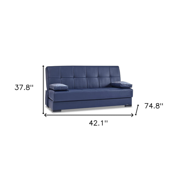Homeroots 75" Blue Faux Leather Convertible Futon Sleeper Sofa And Toss Pillows With Brown Legs   518149