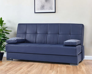 Homeroots 75" Blue Faux Leather Convertible Futon Sleeper Sofa And Toss Pillows With Brown Legs   518149