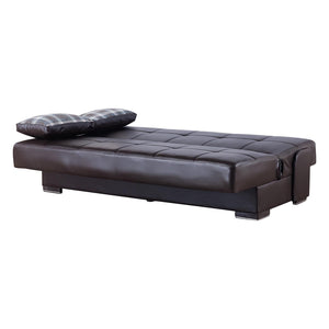 Homeroots 75" Dark Brown Faux Leather Sleeper Sofa And Toss Pillows With Brown Legs   518151