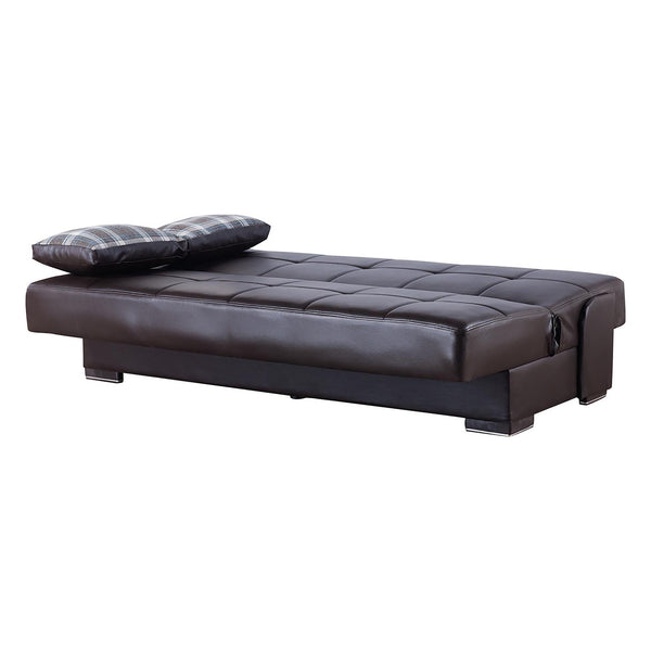 Homeroots 75" Dark Brown Faux Leather Sleeper Sofa And Toss Pillows With Brown Legs   518151