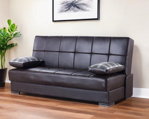 Homeroots 75" Dark Brown Faux Leather Sleeper Sofa And Toss Pillows With Brown Legs   518151
