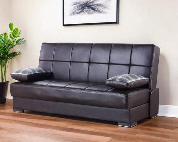 Homeroots 75" Dark Brown Faux Leather Sleeper Sofa And Toss Pillows With Brown Legs   518151