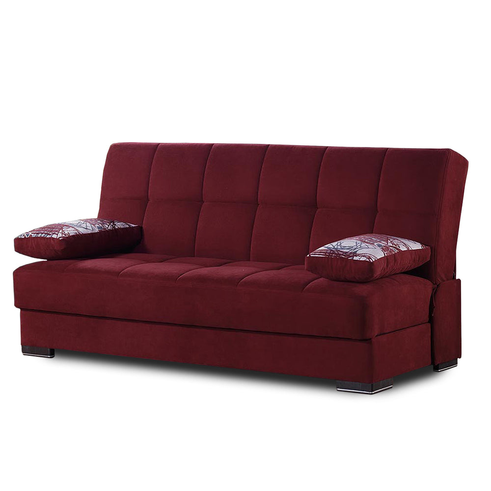 Homeroots 75" Red Chenille Sleeper Sofa And Toss Pillows With Brown Legs   518152
