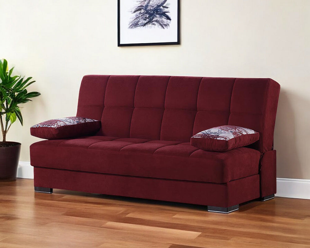 Homeroots 75" Red Chenille Sleeper Sofa And Toss Pillows With Brown Legs   518152