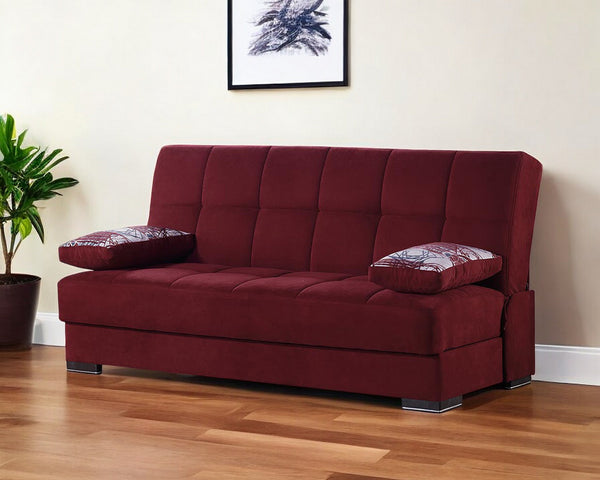 Homeroots 75" Red Chenille Sleeper Sofa And Toss Pillows With Brown Legs   518152