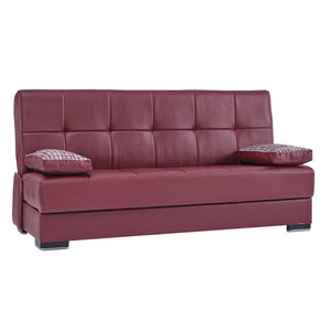 Homeroots 75" Burgundy Faux Leather Convertible Futon Sleeper Sofa And Toss Pillows With Brown Legs   518153