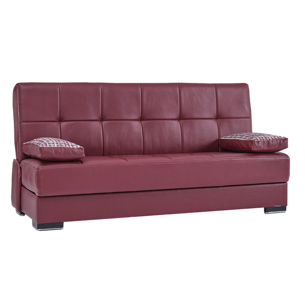 Homeroots 75" Burgundy Faux Leather Convertible Futon Sleeper Sofa And Toss Pillows With Brown Legs   518153