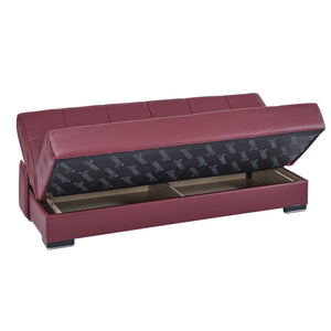 Homeroots 75" Burgundy Faux Leather Convertible Futon Sleeper Sofa And Toss Pillows With Brown Legs   518153