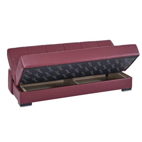 Homeroots 75" Burgundy Faux Leather Convertible Futon Sleeper Sofa And Toss Pillows With Brown Legs   518153