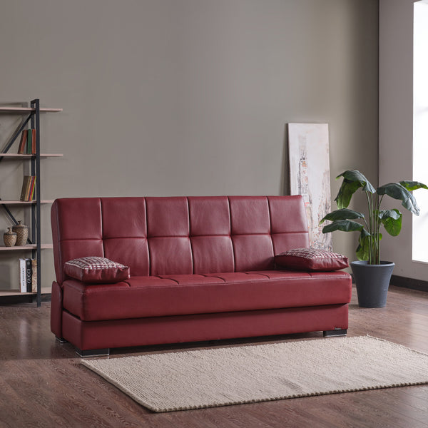 Homeroots 75" Burgundy Faux Leather Convertible Futon Sleeper Sofa And Toss Pillows With Brown Legs   518153
