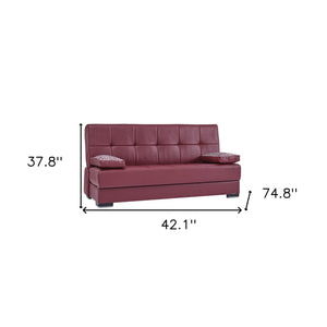 Homeroots 75" Burgundy Faux Leather Convertible Futon Sleeper Sofa And Toss Pillows With Brown Legs   518153