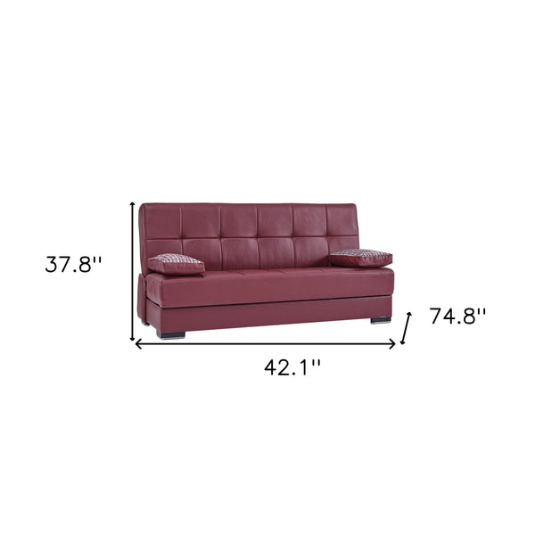 Homeroots 75" Burgundy Faux Leather Convertible Futon Sleeper Sofa And Toss Pillows With Brown Legs   518153