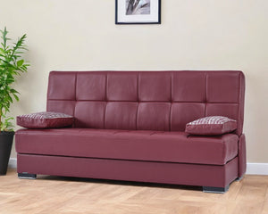 Homeroots 75" Burgundy Faux Leather Convertible Futon Sleeper Sofa And Toss Pillows With Brown Legs   518153