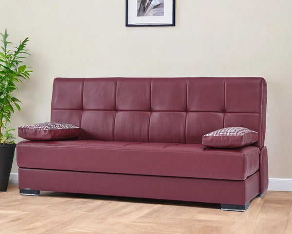 Homeroots 75" Burgundy Faux Leather Convertible Futon Sleeper Sofa And Toss Pillows With Brown Legs   518153