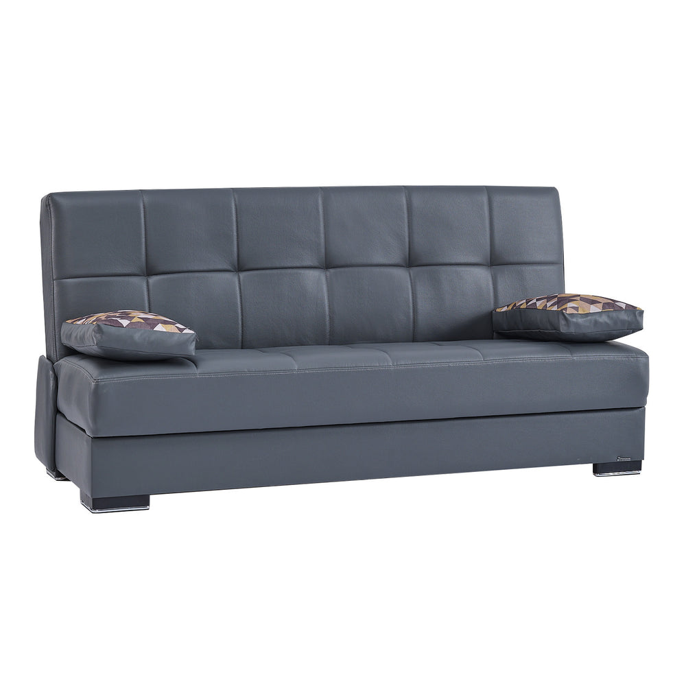 Homeroots 75" Gray Faux Leather Convertible Futon Sleeper Sofa And Toss Pillows With Brown Legs   518155