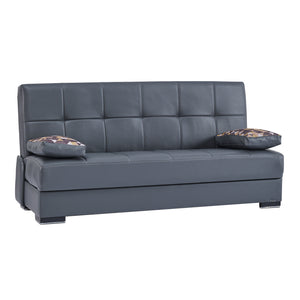 Homeroots 75" Gray Faux Leather Convertible Futon Sleeper Sofa And Toss Pillows With Brown Legs   518155