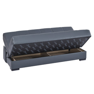 Homeroots 75" Gray Faux Leather Convertible Futon Sleeper Sofa And Toss Pillows With Brown Legs   518155