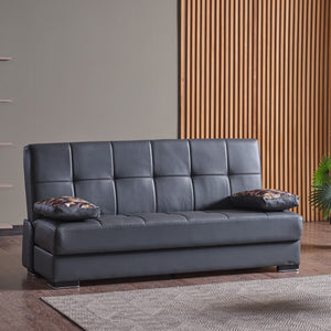 Homeroots 75" Gray Faux Leather Convertible Futon Sleeper Sofa And Toss Pillows With Brown Legs   518155