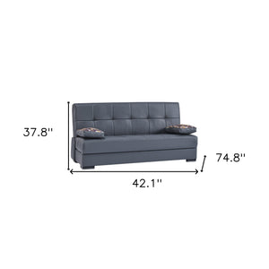 Homeroots 75" Gray Faux Leather Convertible Futon Sleeper Sofa And Toss Pillows With Brown Legs   518155