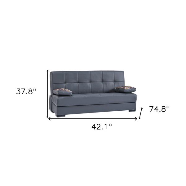 Homeroots 75" Gray Faux Leather Convertible Futon Sleeper Sofa And Toss Pillows With Brown Legs   518155
