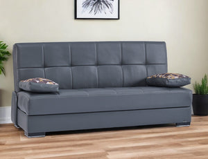 Homeroots 75" Gray Faux Leather Convertible Futon Sleeper Sofa And Toss Pillows With Brown Legs   518155