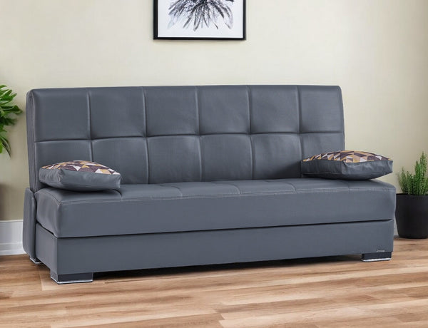 Homeroots 75" Gray Faux Leather Convertible Futon Sleeper Sofa And Toss Pillows With Brown Legs   518155