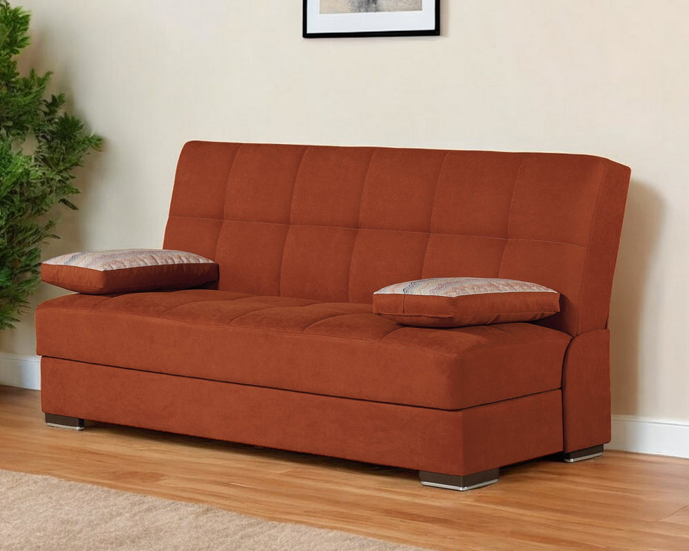 Homeroots 75" Red Chenille Sleeper Sofa And Toss Pillows With Brown Legs   518156