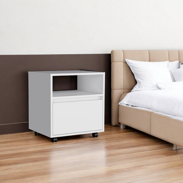 HomeRoots 21" White Wood Nightstand with Drawer & Integrated Tech – Modern Storage Solution for Any Space 518167