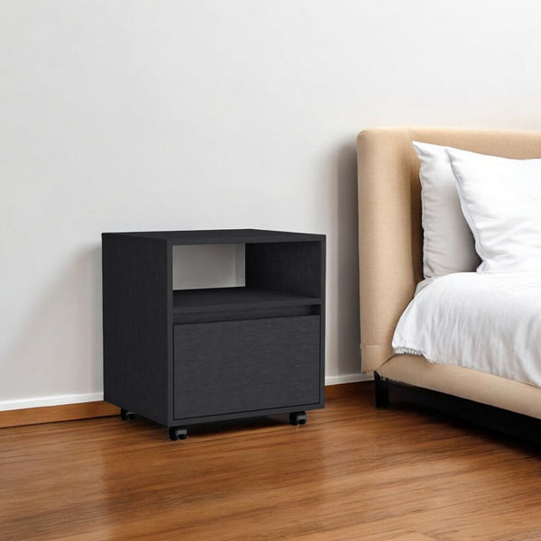 HomeRoots 21" Black Wood Nightstand with Soft-Close Drawer, Integrated Tech, and Open Shelf for Modern Living 518168