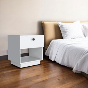HomeRoots 20" White Wood Nightstand with One Drawer, Integrated Charging, and Stylish Open Shelf Design 518173